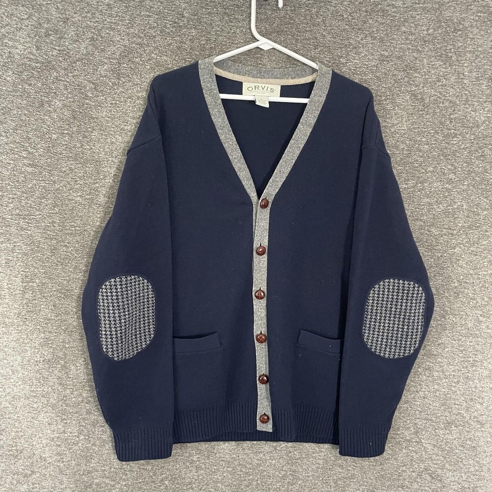 Orvis Sweater Mens XL Blue Lambswool V Neck Knit Elbow Patch Cardigan Pockets